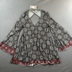 Gimmick Multicolor Geometric Bohemian Bell Sleeve Top Blouse XS V-Neck